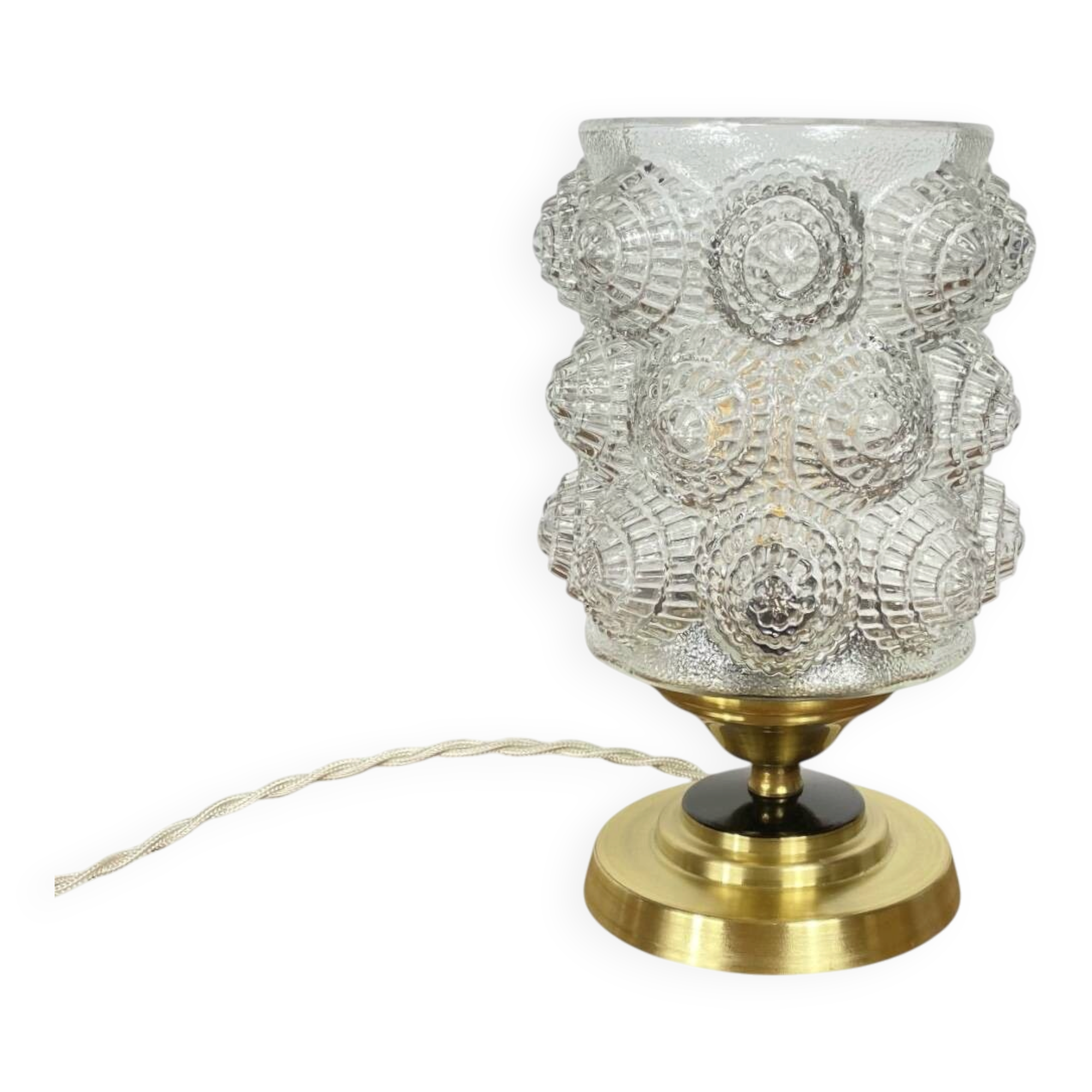 Lampe de table globe ancien en verre transparent moulé et pied en laiton