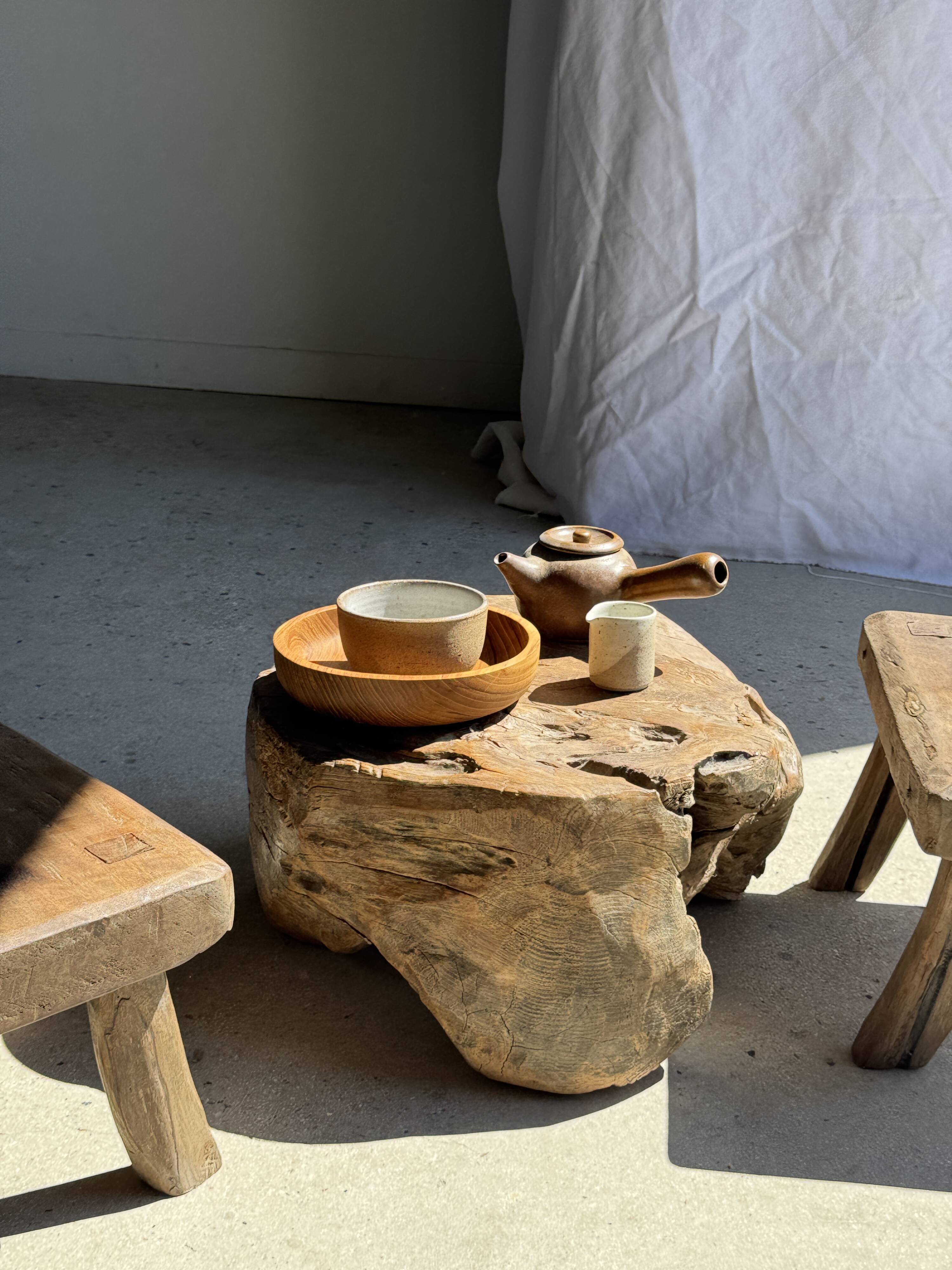 Small stool, rectangular accent stool in solid teak wabi-sabi H26.