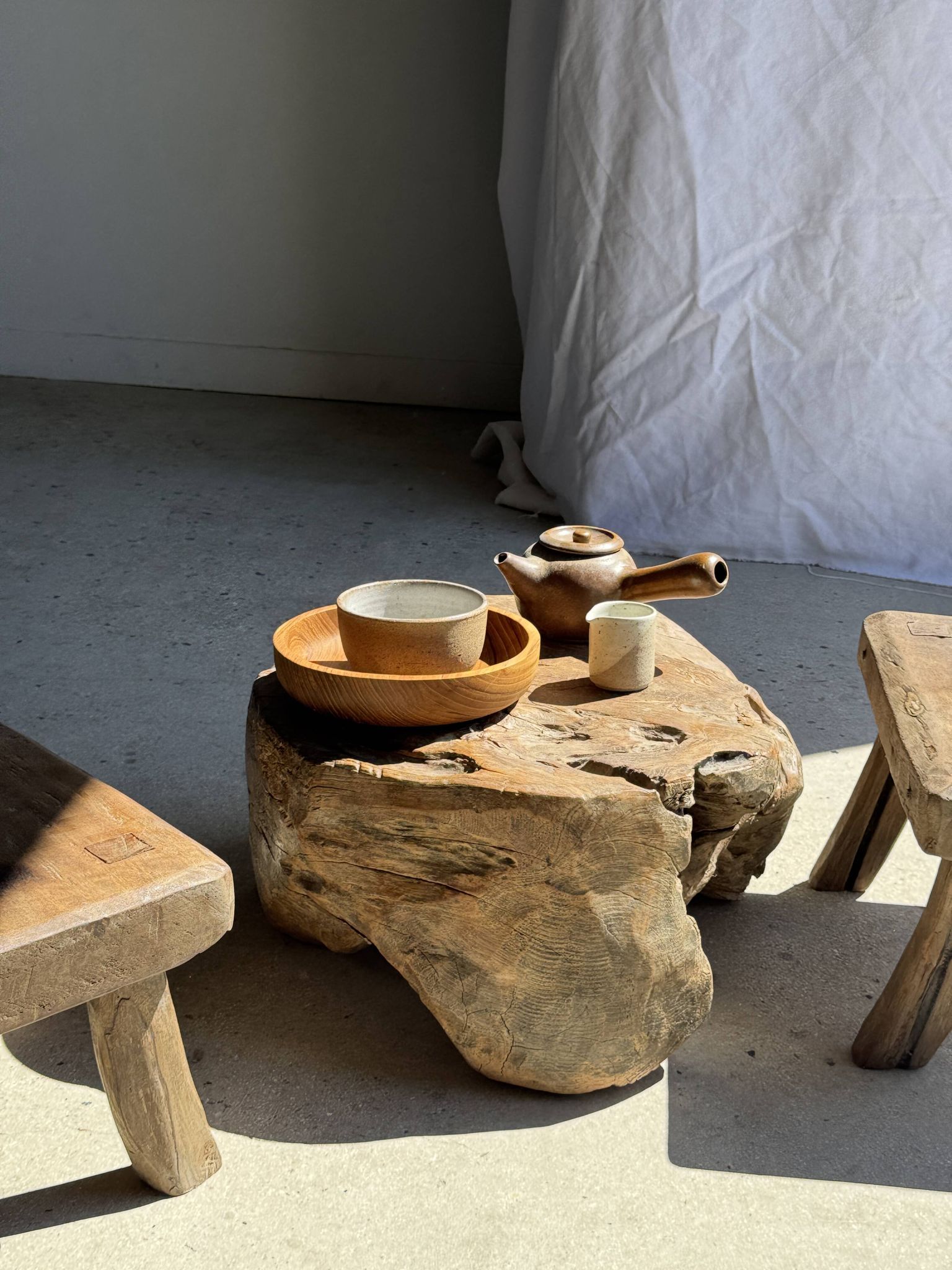 Small stool, rectangular accent stool in solid teak wabi-sabi H26.