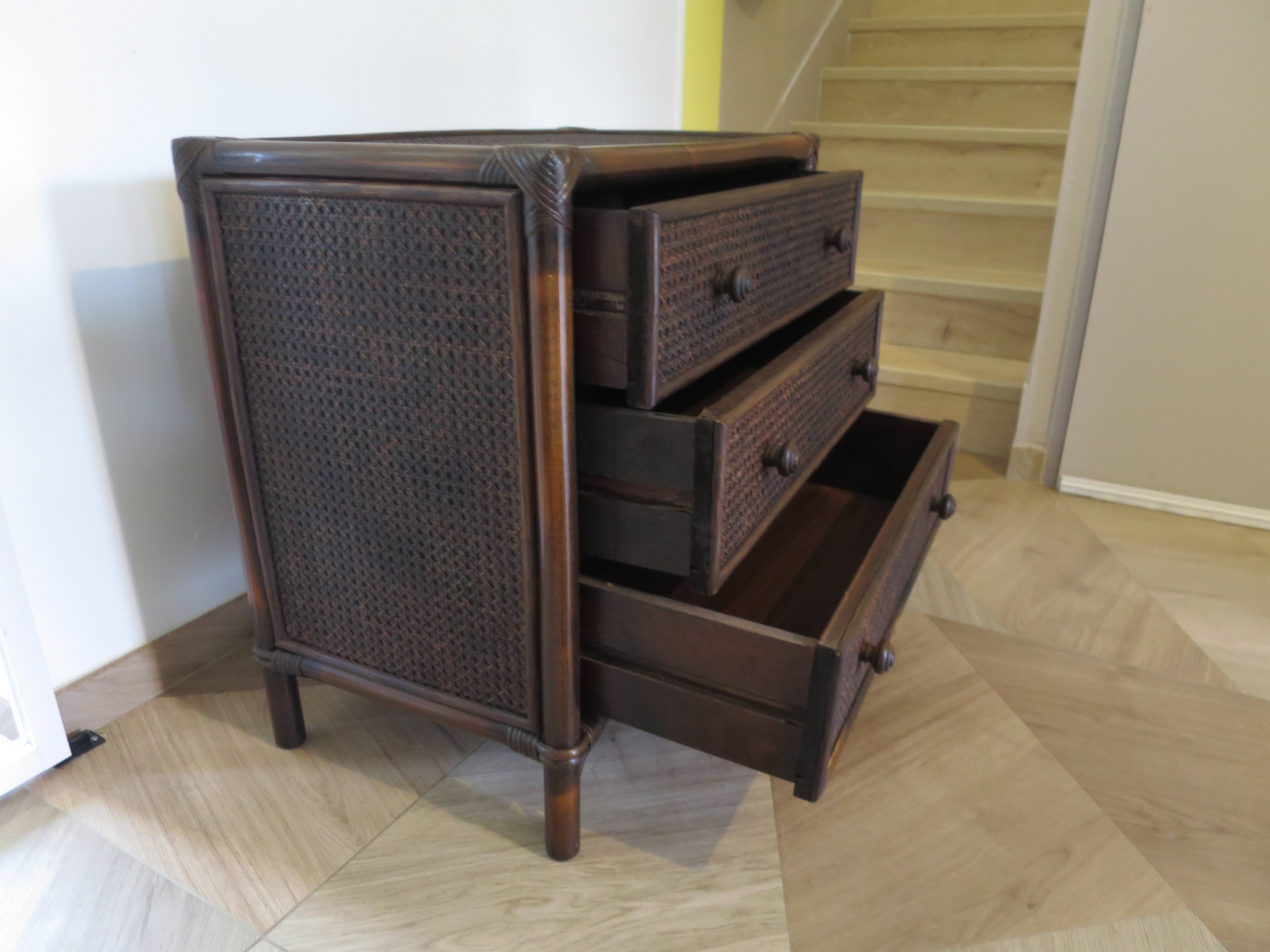Vintage 3-drawer chest of drawers - wood, bamboo and woven rattan - 1980s