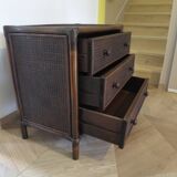 Vintage-commode 3 tioirs -bois bambou et rotin tressé - années 80
