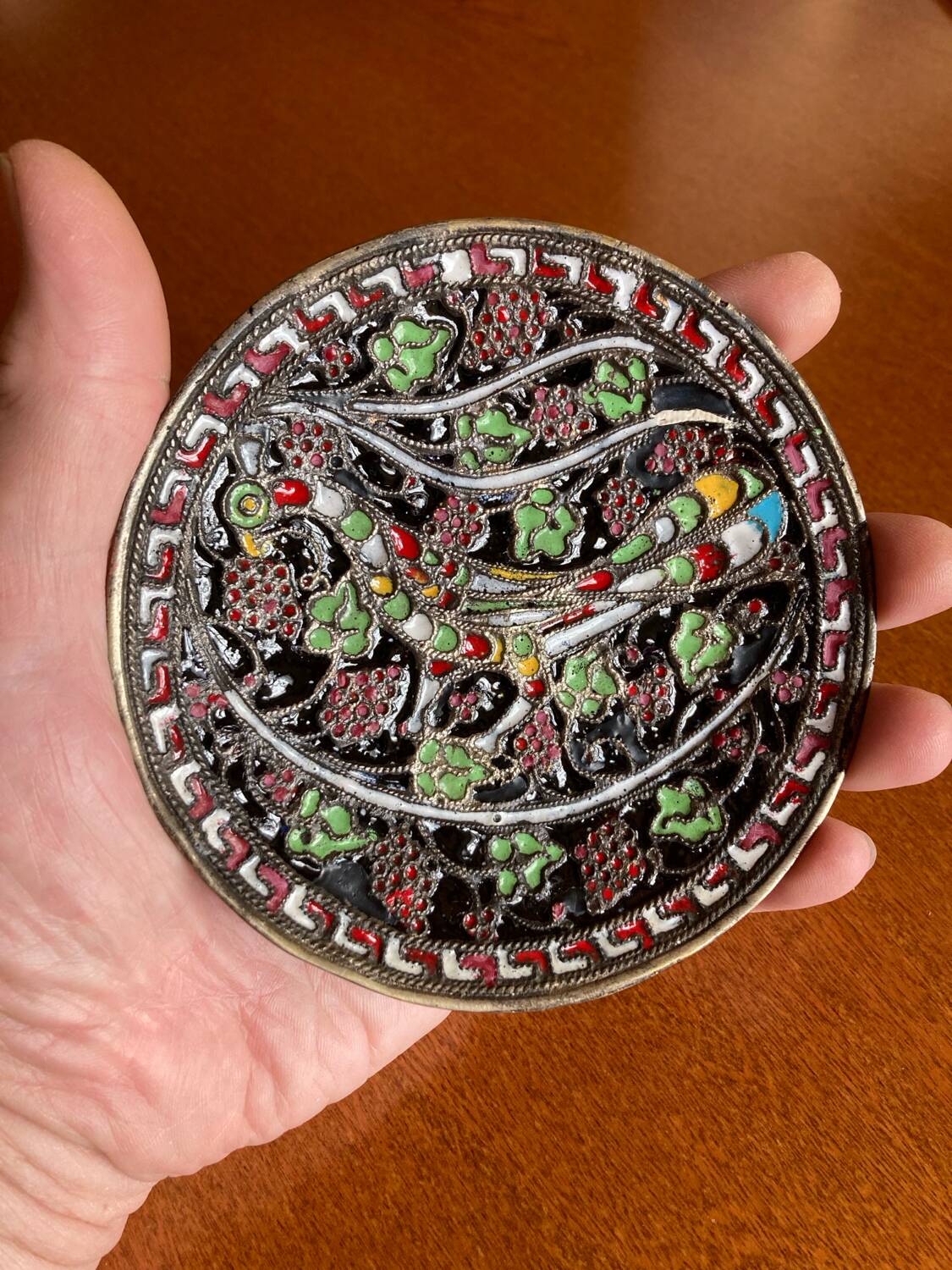 Byzantine bowl G. Halkides in cloisonné enamel on bronze & copper with peacock motif