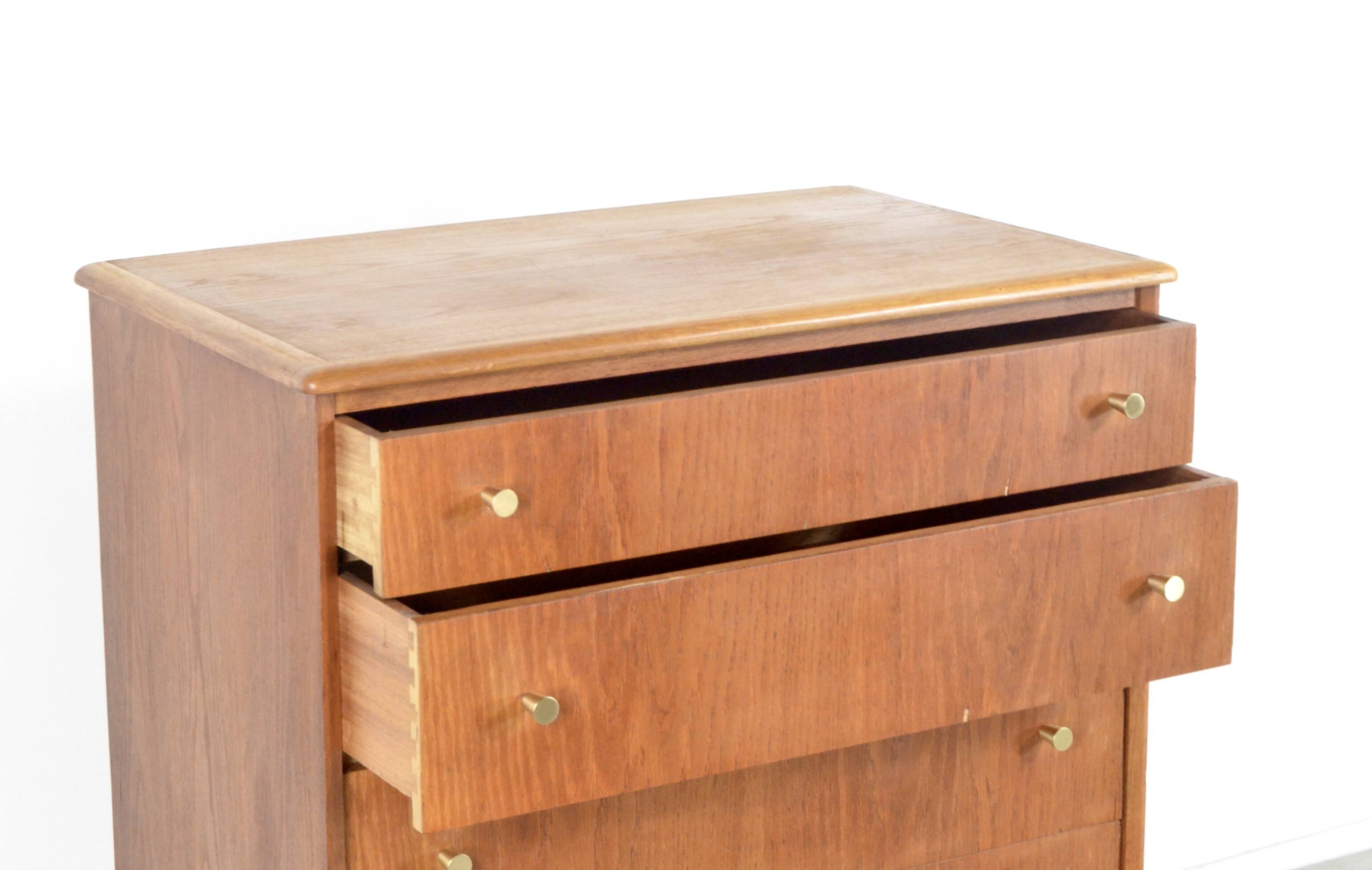 Midcentury Teak And Brass Chest Of Drawers Tallboy. Vintage Modern Retro
