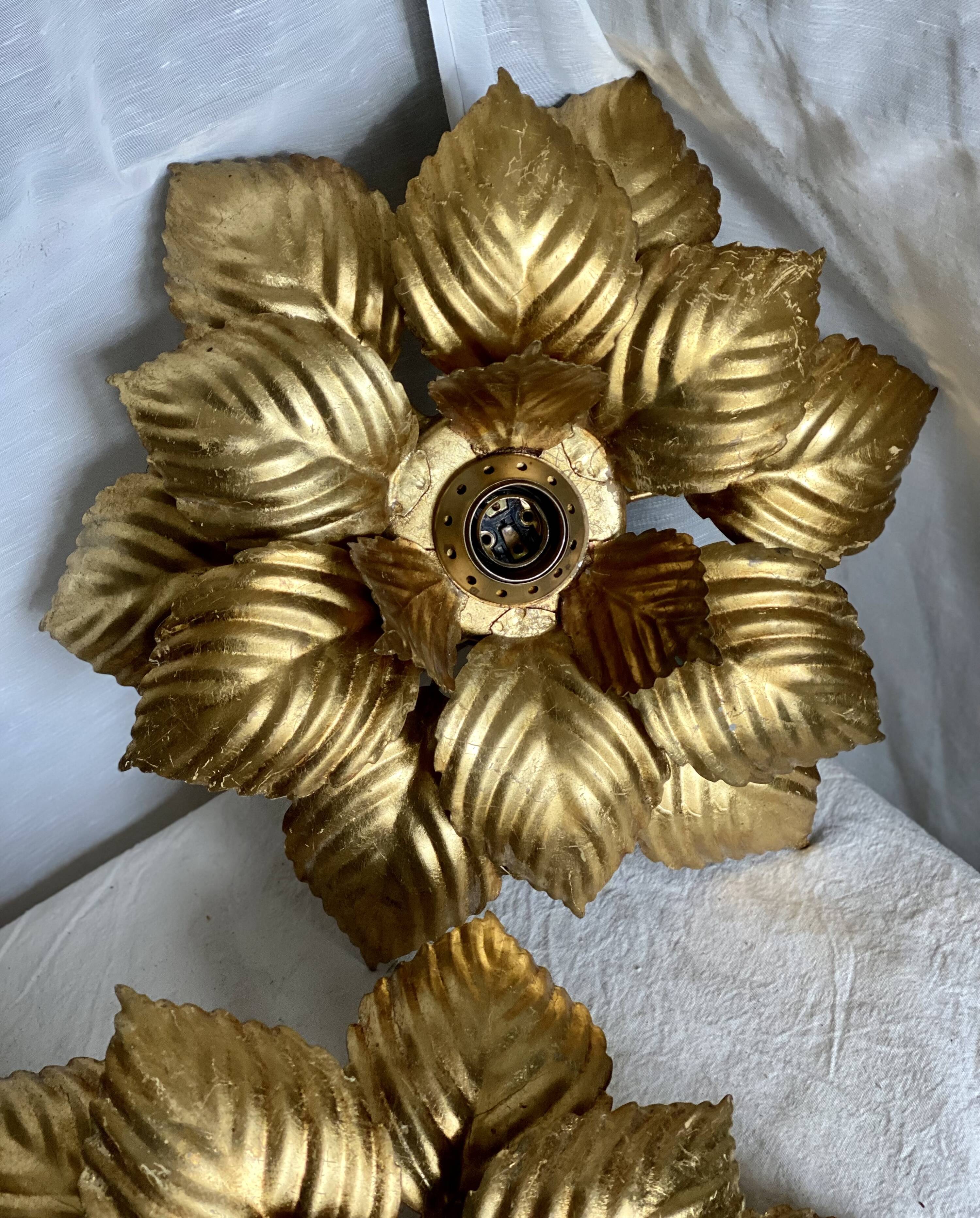 Pair of vintage Masca wall lights with golden flowers, 1970s