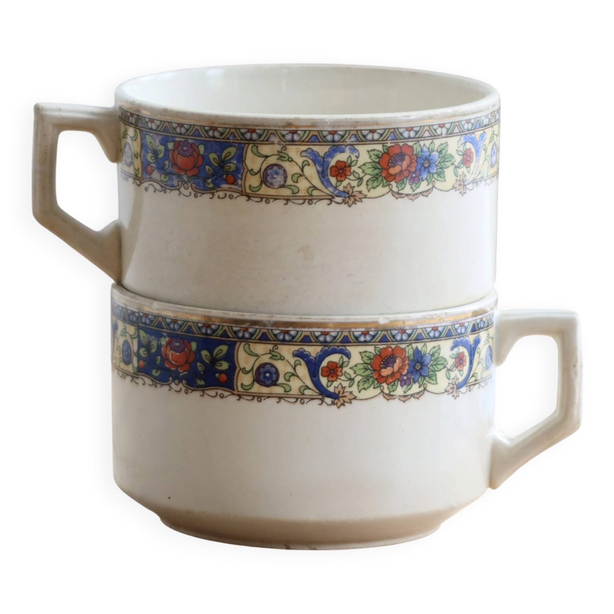 Tasses à chocolat terre de fer ivoire - Décor frise polychrome