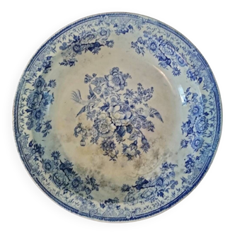 Plat creux décor en camaïeu bleu floral et faisants