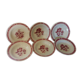 6 antique hollow plates, red flower motifs, Burgundy. old, circa 1940, sarreguemines