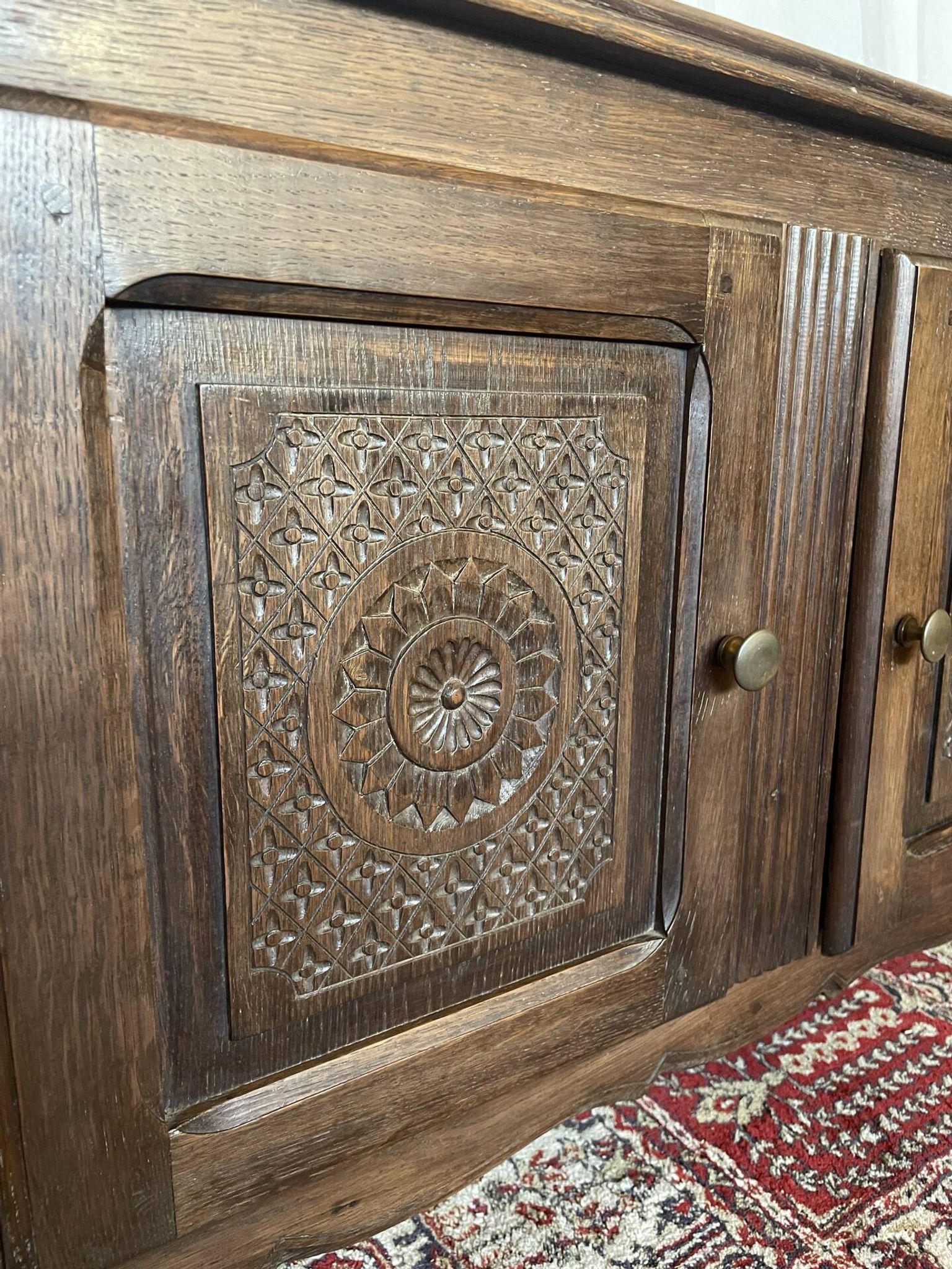 Vintage low sideboard in carved solid oak, Basque style.