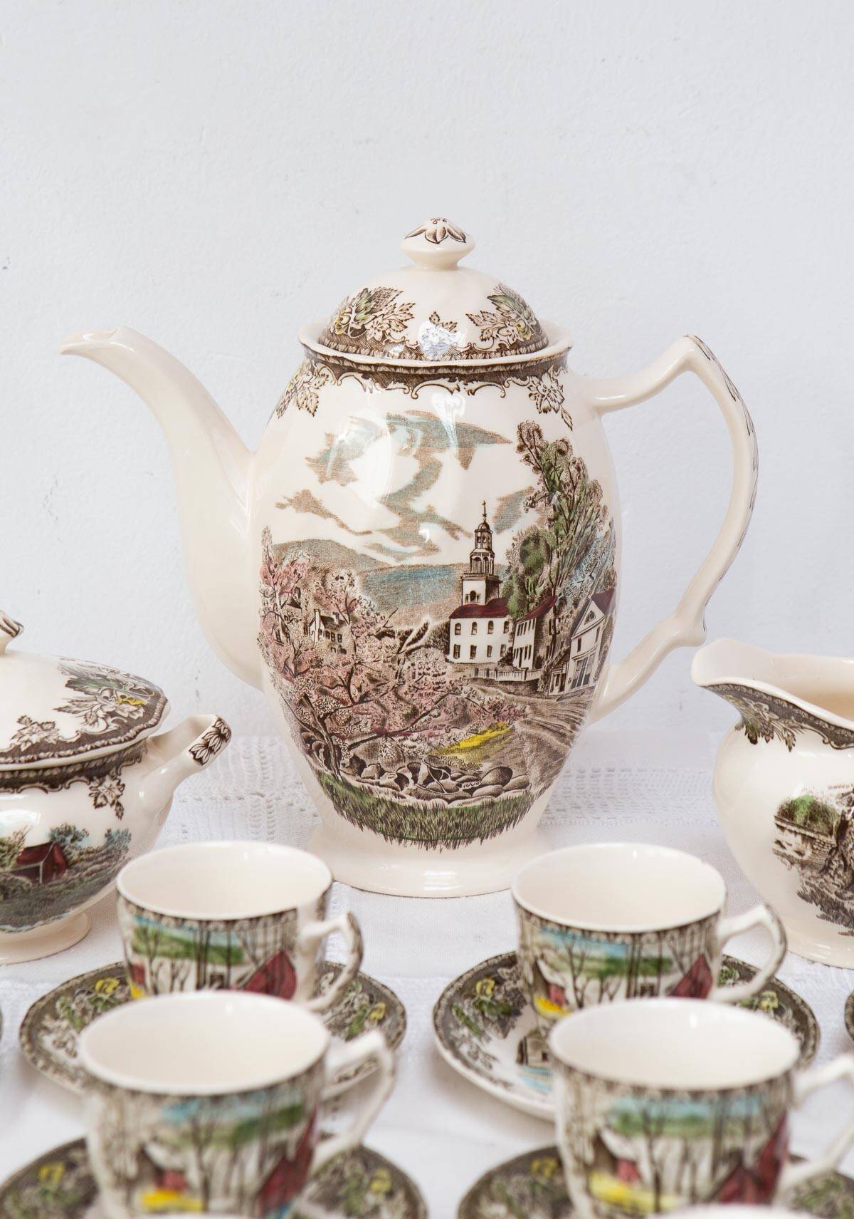 English coffee service for 12 people, “The Friendly Village” Johnson Bros 1960