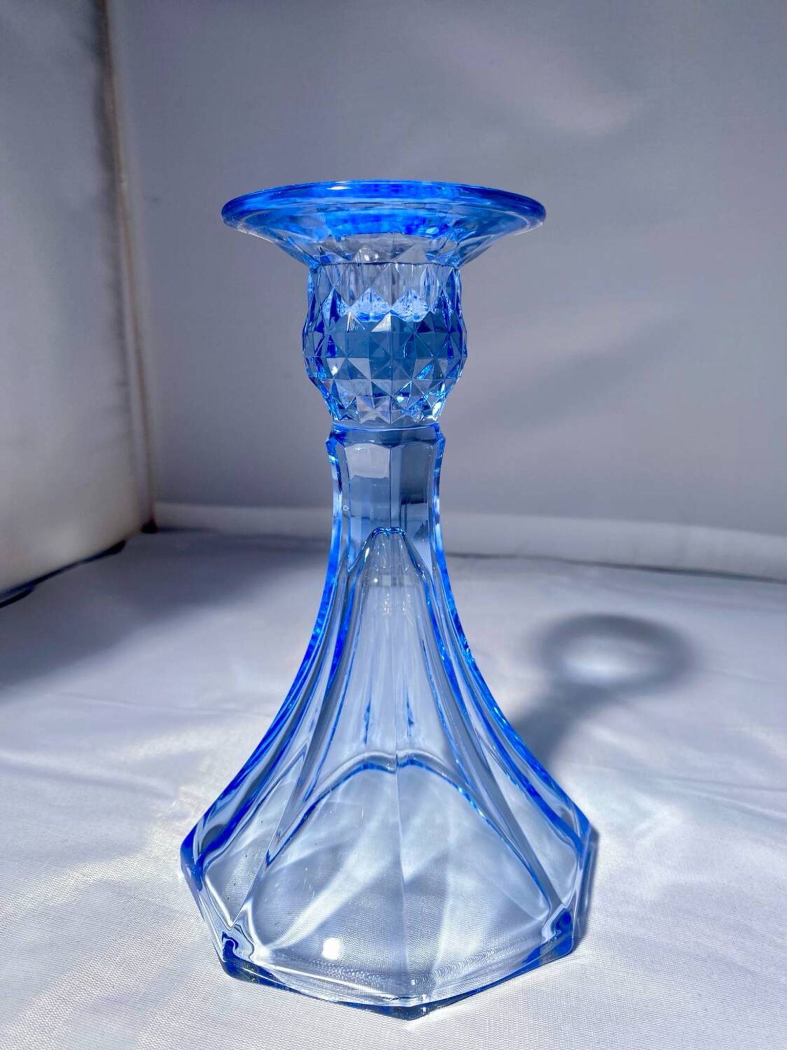 Pair of Jamestown blue Virginia candlesticks or vases by Fostori