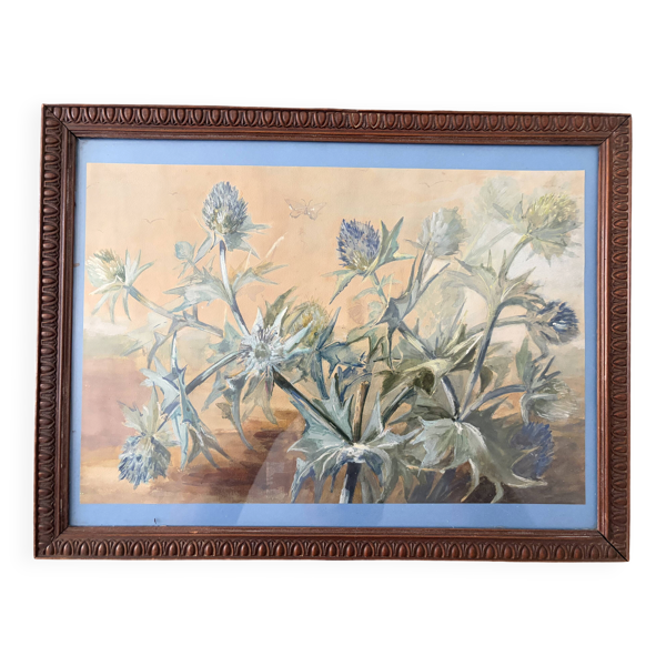 Composition botanique aux chardons bleus – gouache ancienne encadrée