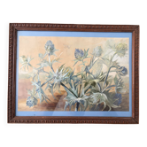 Composition botanique aux chardons bleus – gouache ancienne encadrée