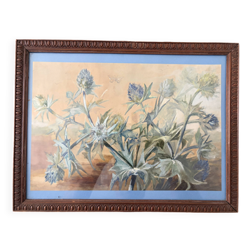 Botanical composition with blue thistles – framed old gouache