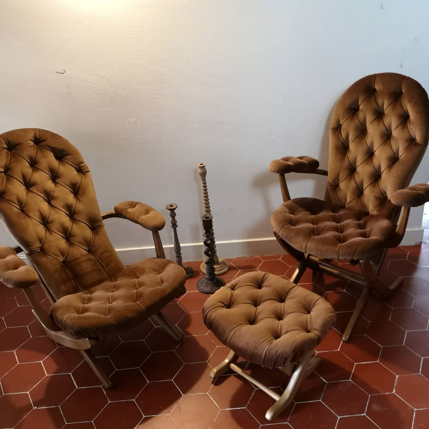 Pair of velvet folding chairs and an ottoman 1950