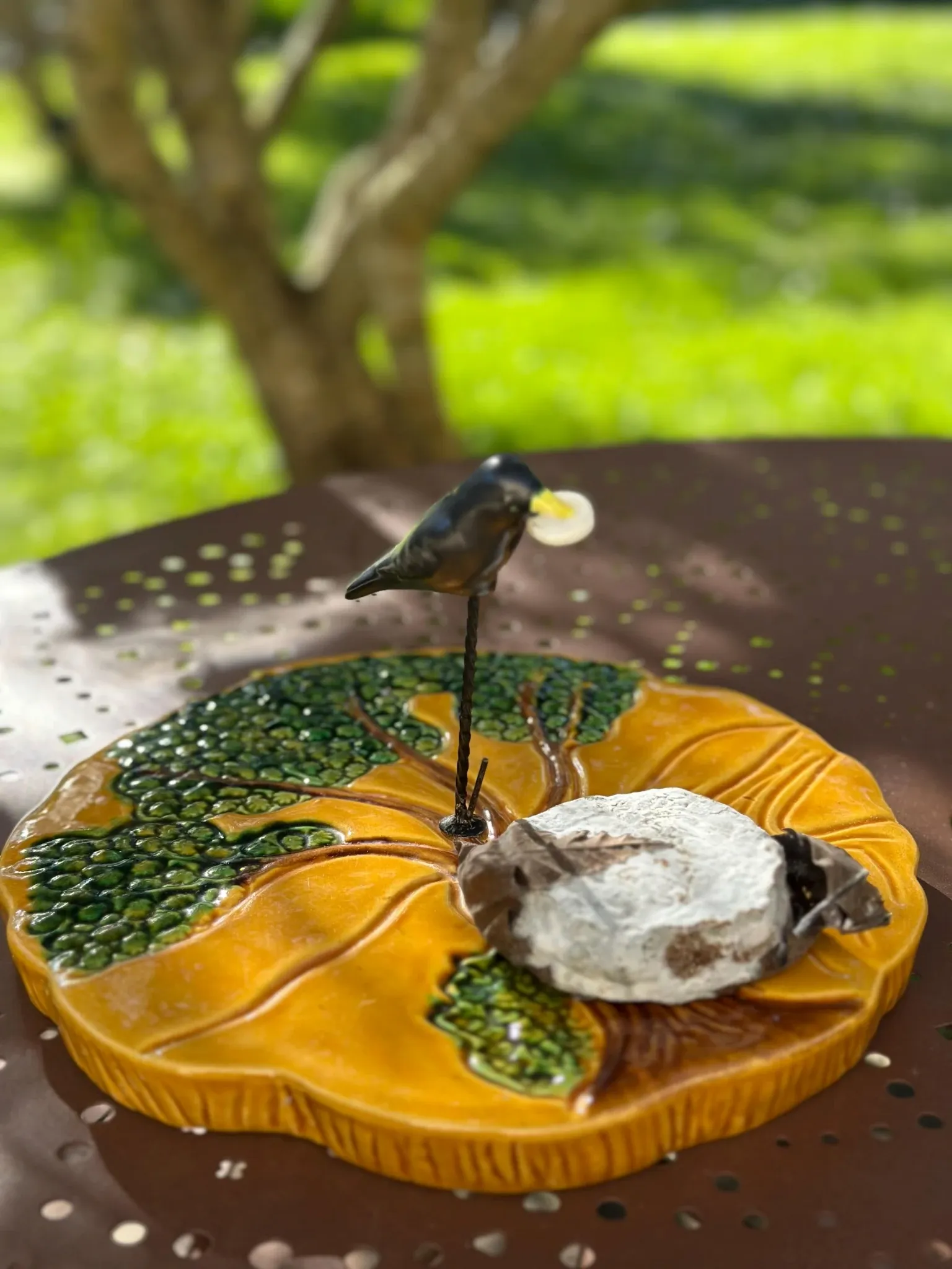 Ceramic cheese platter Vallauris, crow and tree, years