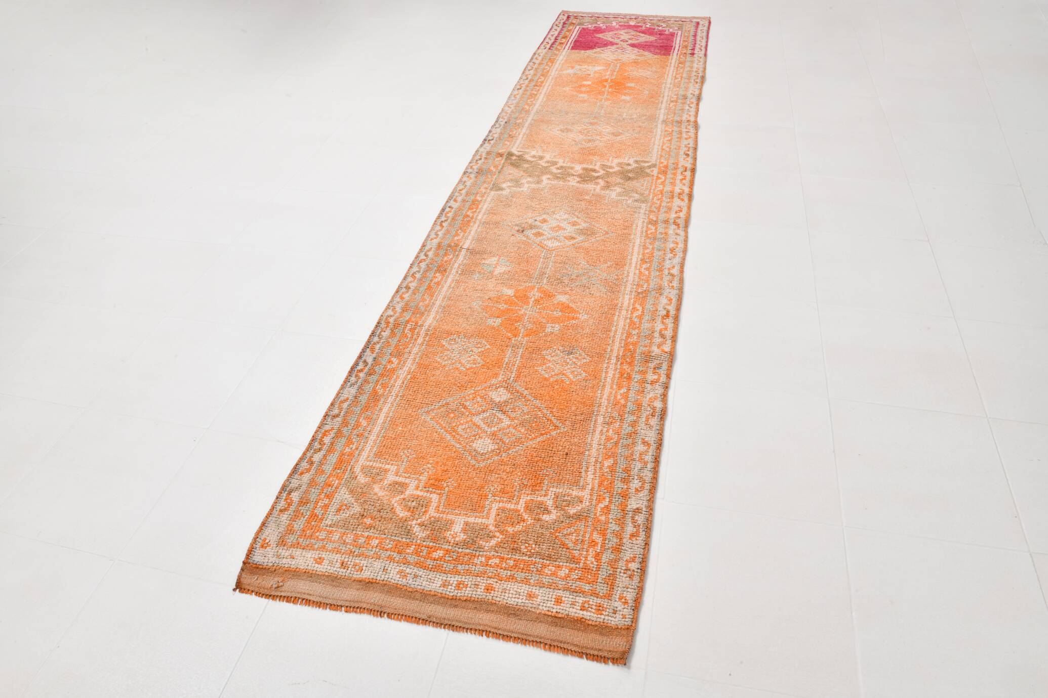 2x13 Soft Orange & Fuchsia Pattern Rug, Vintage Ousahk Runner Rug,90x381 Cm