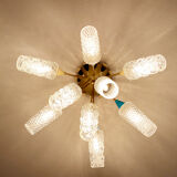 plafonnier lampe vintage, annees 50, verre laiton, bleu beige or