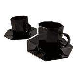 Set of 2 arcoroc black glass coffee cups with underplates
