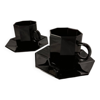 Set of 2 arcoroc black glass coffee cups with underplates