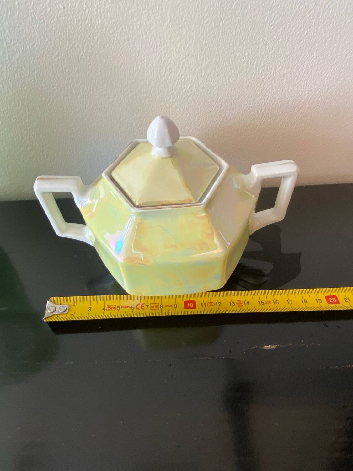 Vintage art deco sugar bowl in iridescent yellow