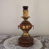 French Mid Century Round Turned Wood Lamp Base With Gold 1852 Tag & Handles