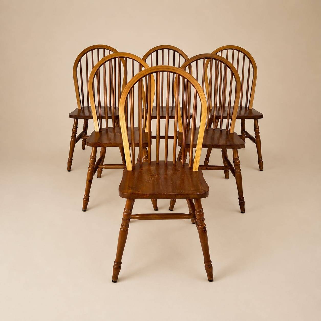 Set of 6 Scandinavian pine wingback chairs, 1970s