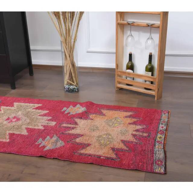 1970s vintage Turkish hand-knotted wool cotton pink runner rug 80x289