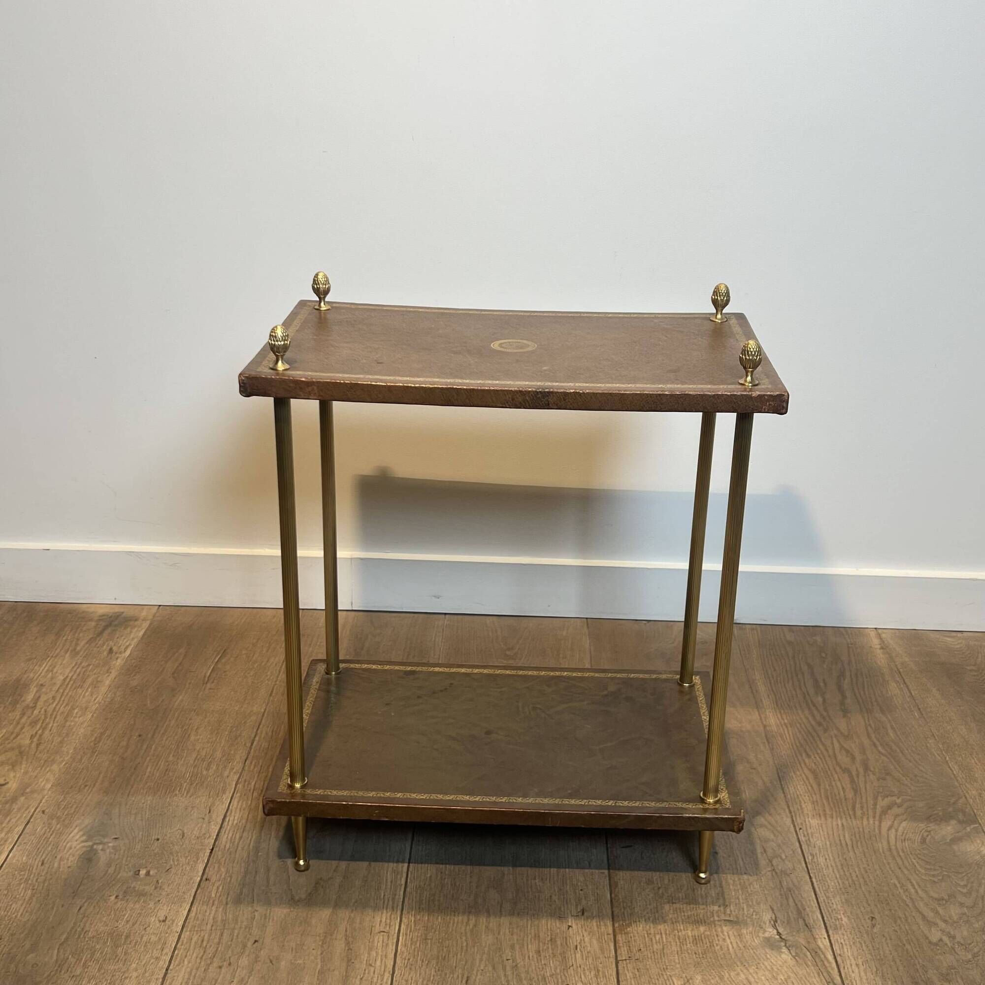 Double Tray Leather Sofa Table in Golden Tawny with Small Iron Details. Brass