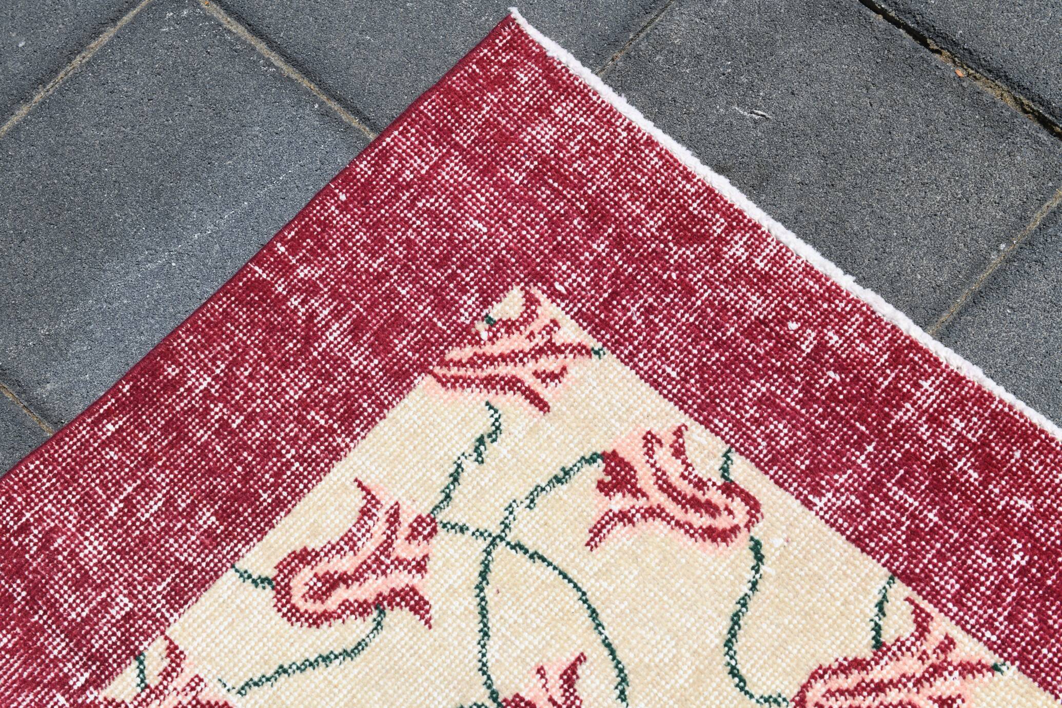 Beige & Burgundy Bordered  Floral Turkish Rug, Neutral Wool Rug, 194x290 Cm