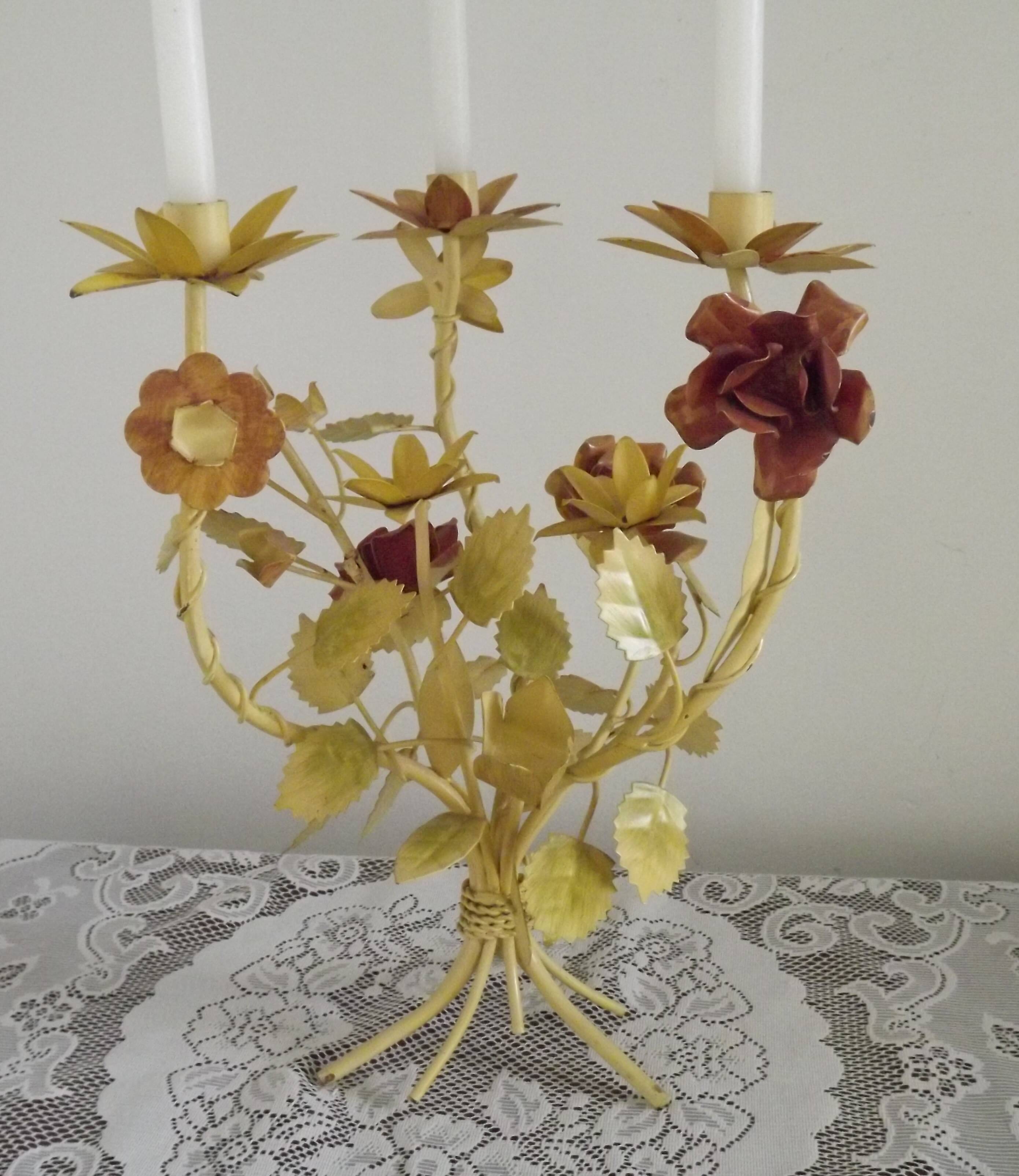 Large Vintage French FloralThree Arm Candelabra – Tied Bouquet Style