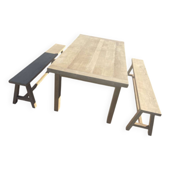 Solid oak farmhouse table and these two benches
