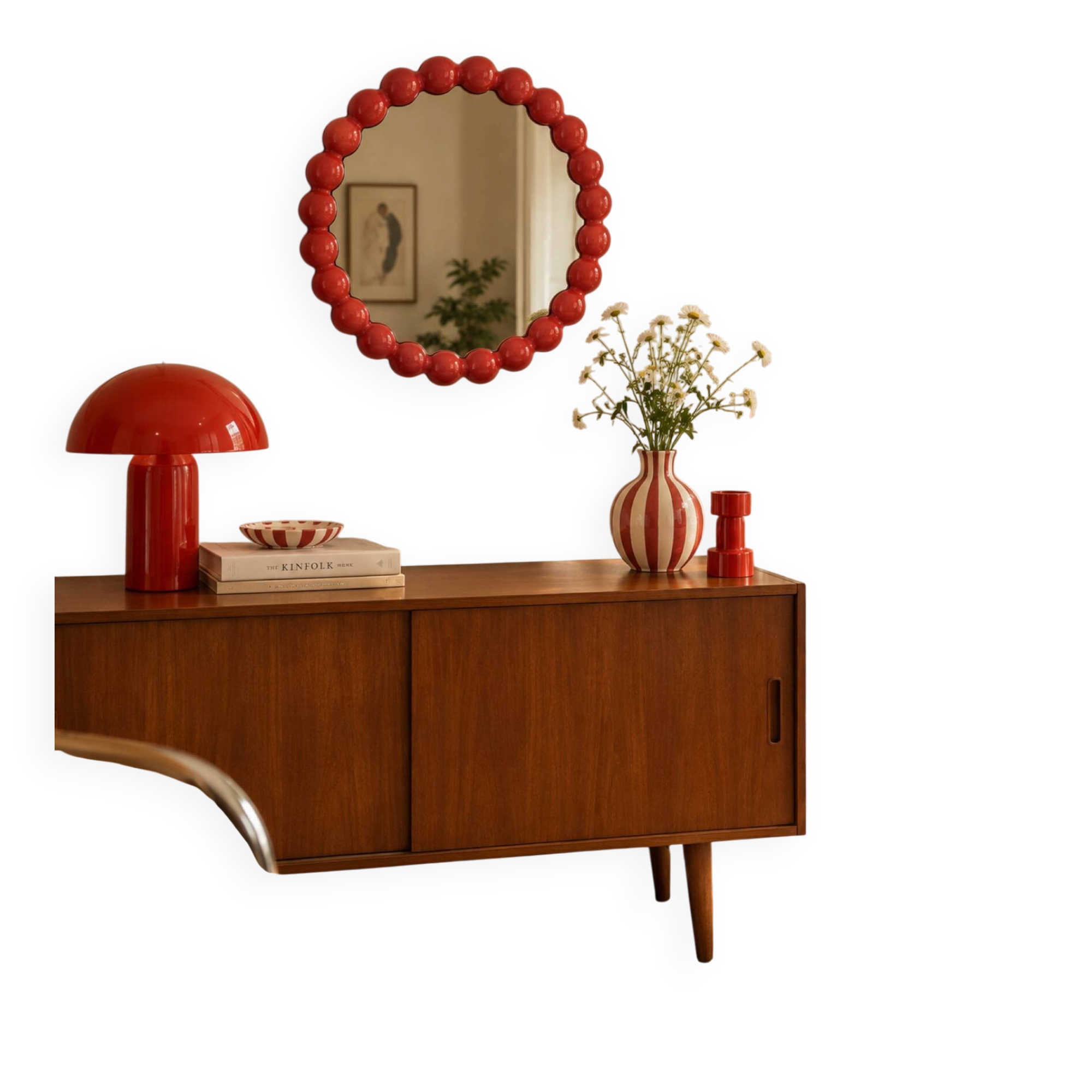 Round wall mirror with red beads in vintage retro design style.