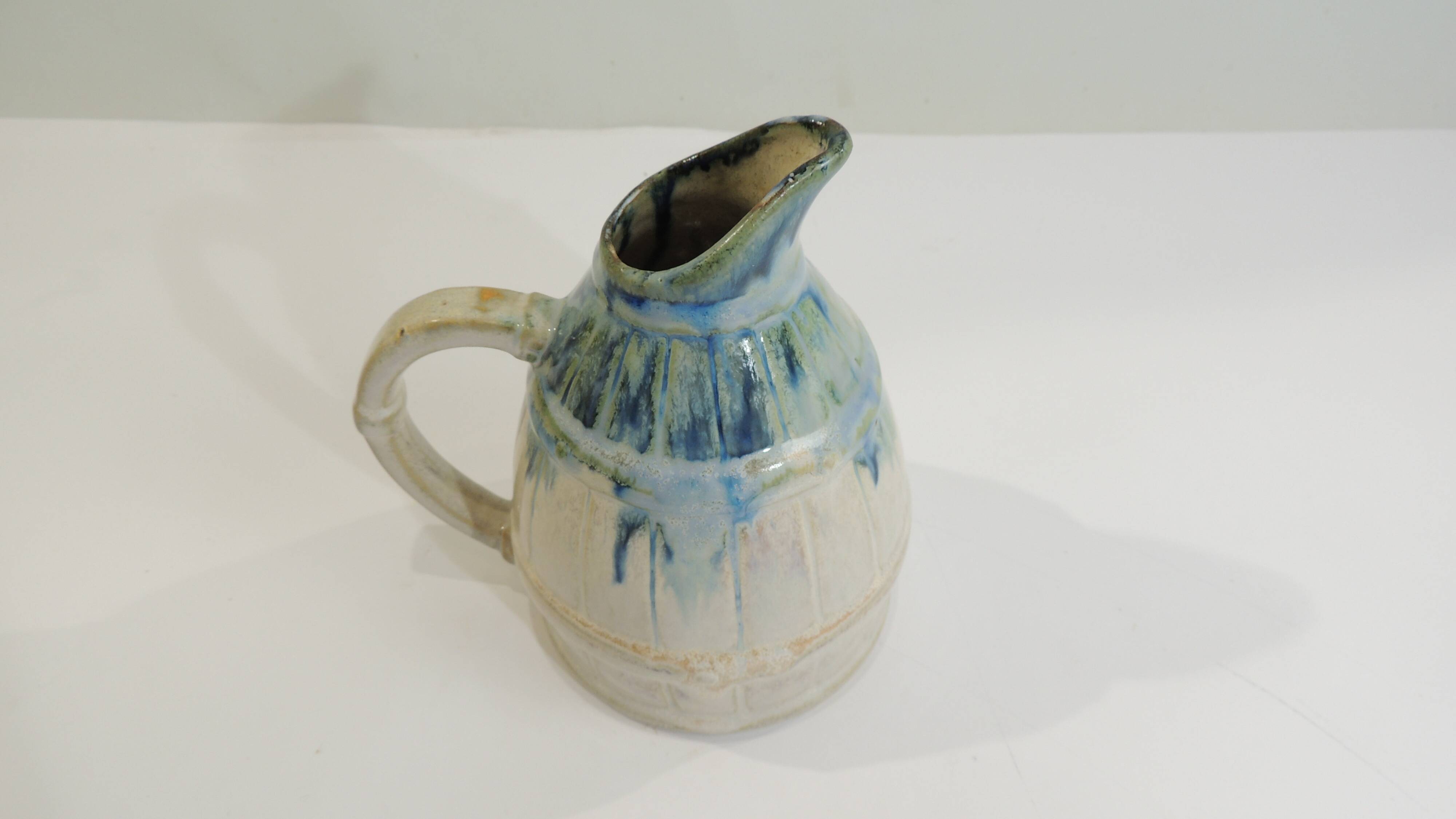 Vintage beige and blue glazed ceramic pitcher – Rustic handcrafted jug