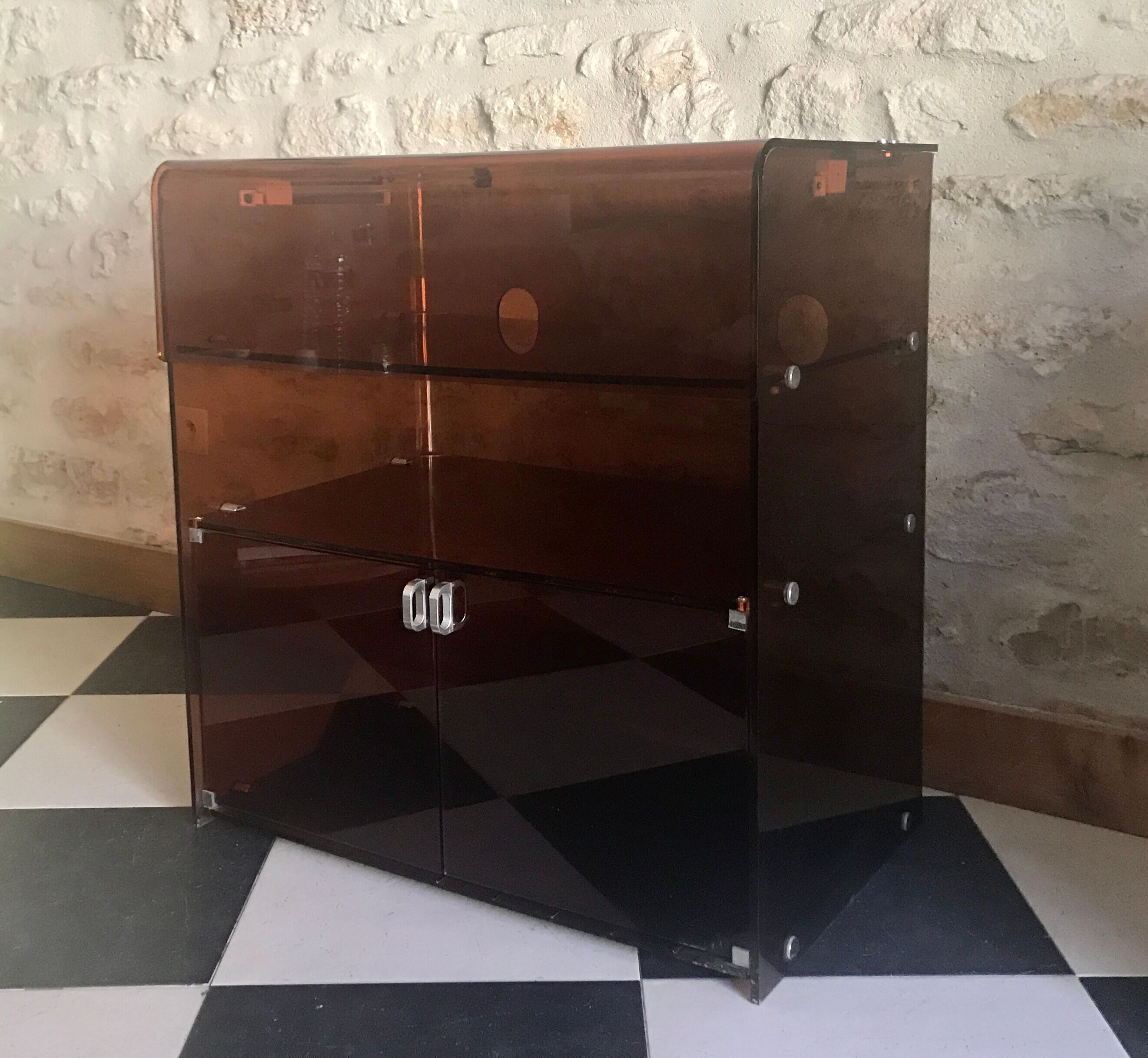 Vintage HI-FI cabinet in smoked plexiglass, Circa 1970