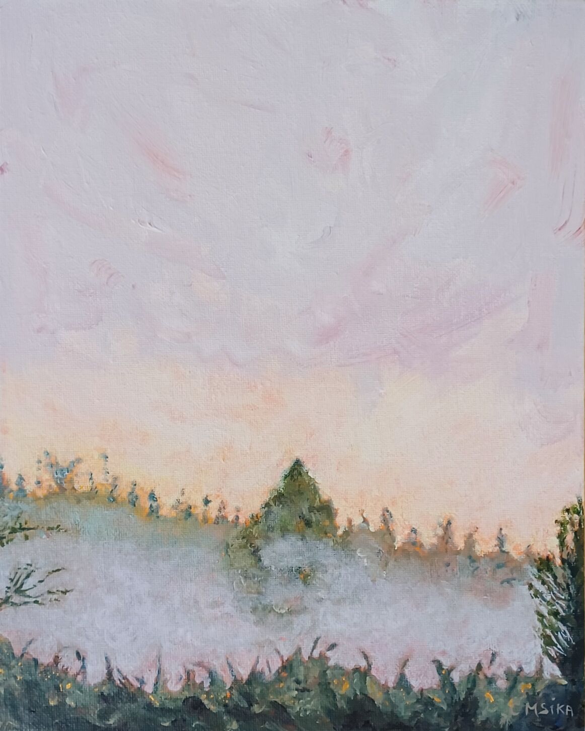 Peinture, l'arbre et la brume.