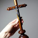 Antique wooden altar crucifix with a turned design and silver-plated Christ.