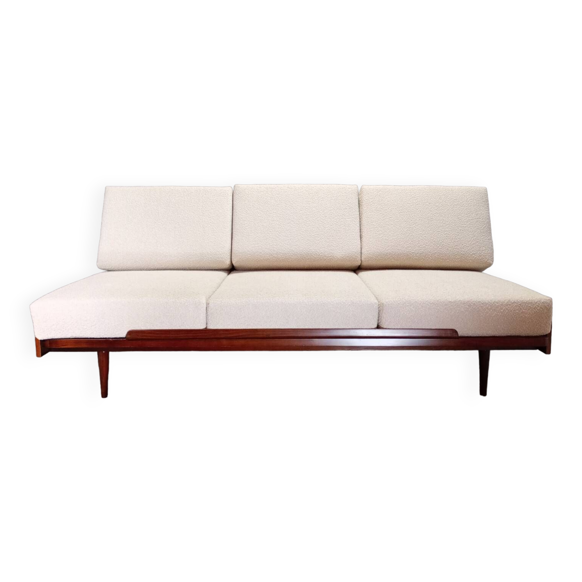 Jitona sobeslav sofa bed in walnut & boucle fabric, vintage czech 1960s