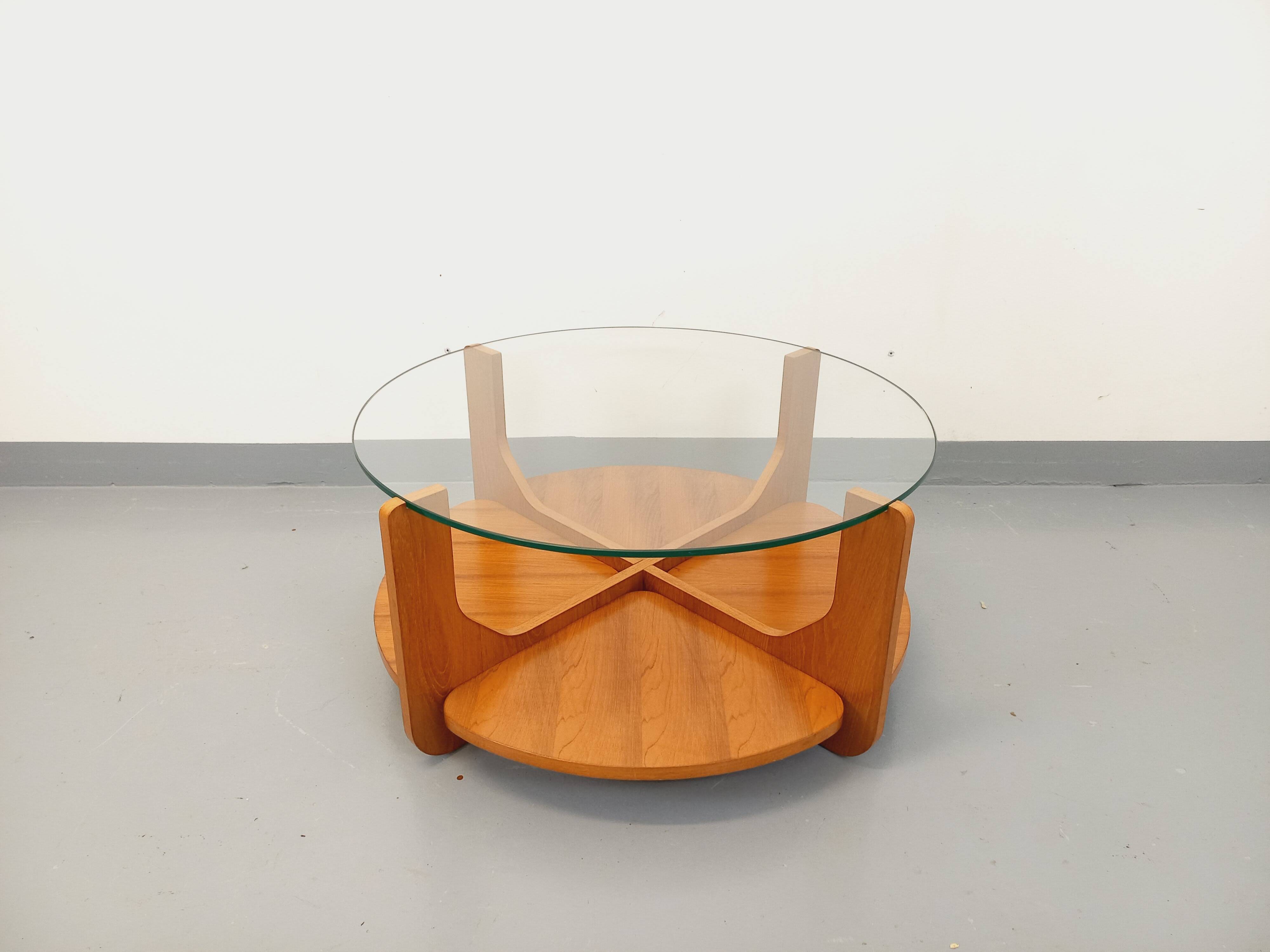Vintage round coffee table with 2 tops by Hugues Poignant, in teak and glass