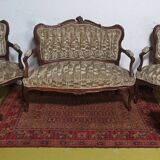 Salon ensemble banquette et fauteuils Rocaille en noyer