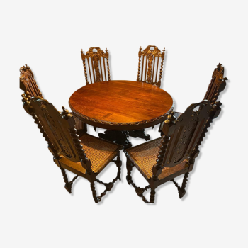 Table pour 6 personnes et 6 chaises en cannage style Henri II