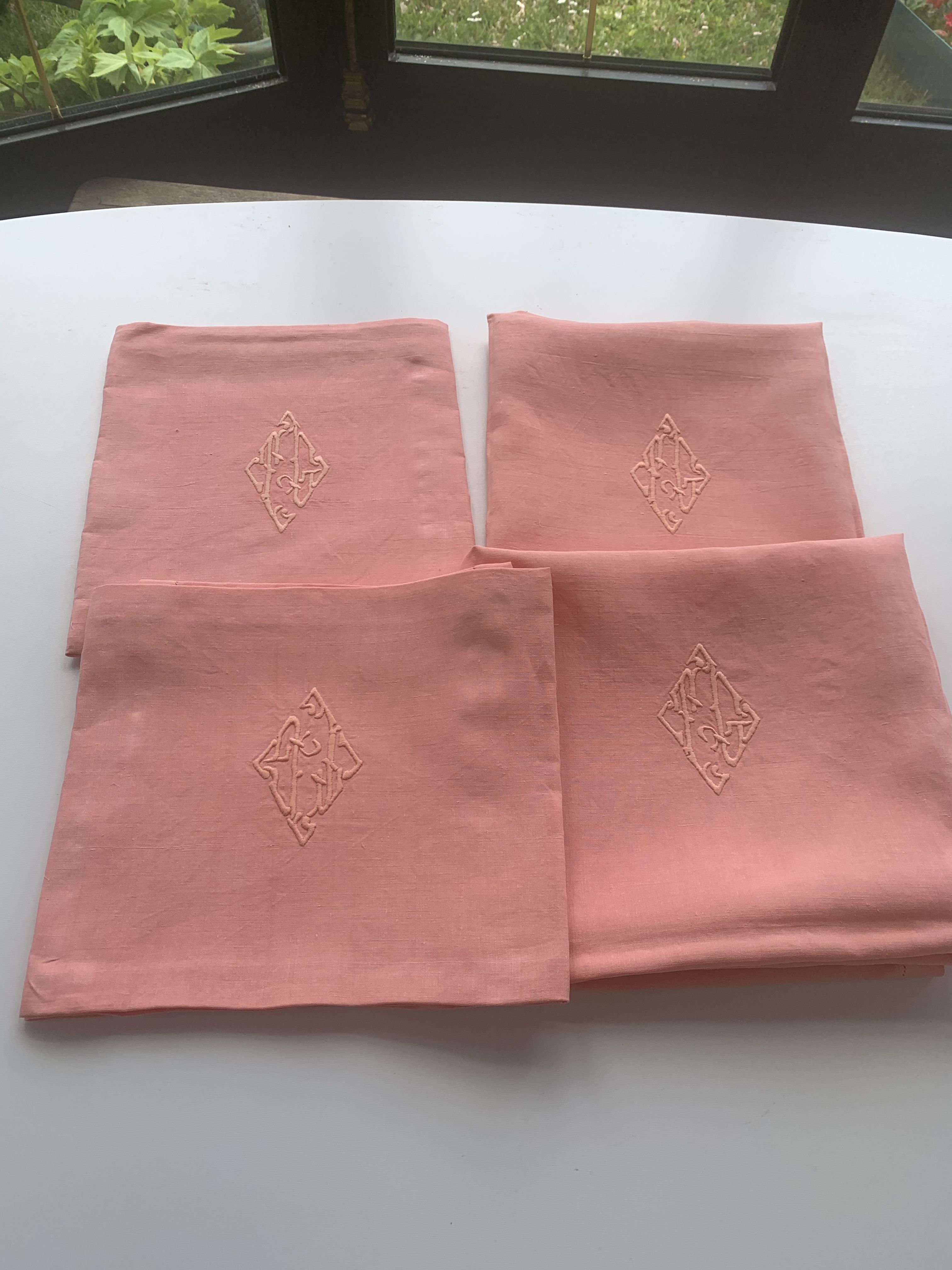 4 linen towels tinted vintage pink, AG monogram edge with beautiful times days