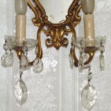 French Antique Gilt Bronze Double Light Crystal Mirrored Wall Sconce 4806