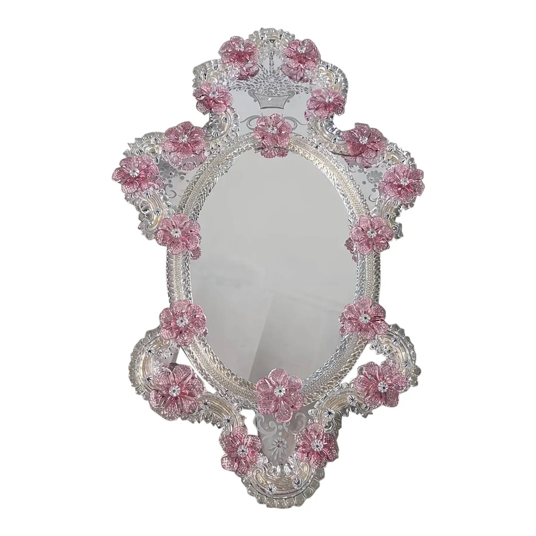 Classic Italian Venetian Oval Pink Floral Mirror in Hand-Carved Murano Glas