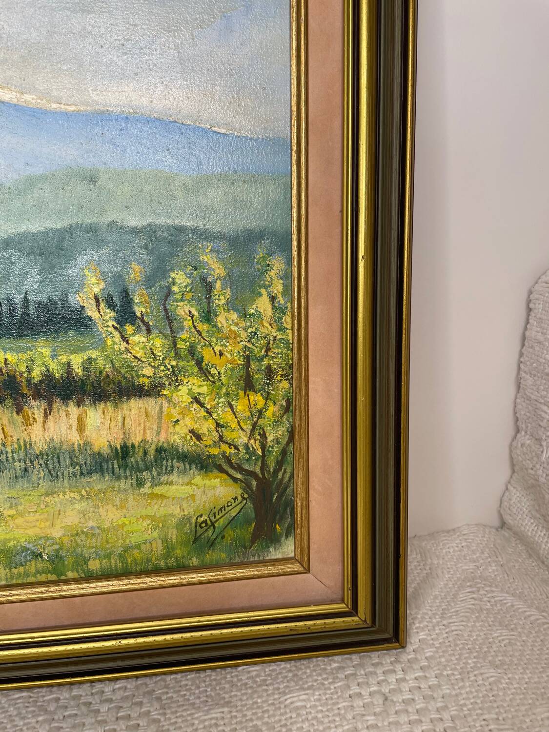 Painting of Mont Ventoux signed Lasimone in gilded wooden frame