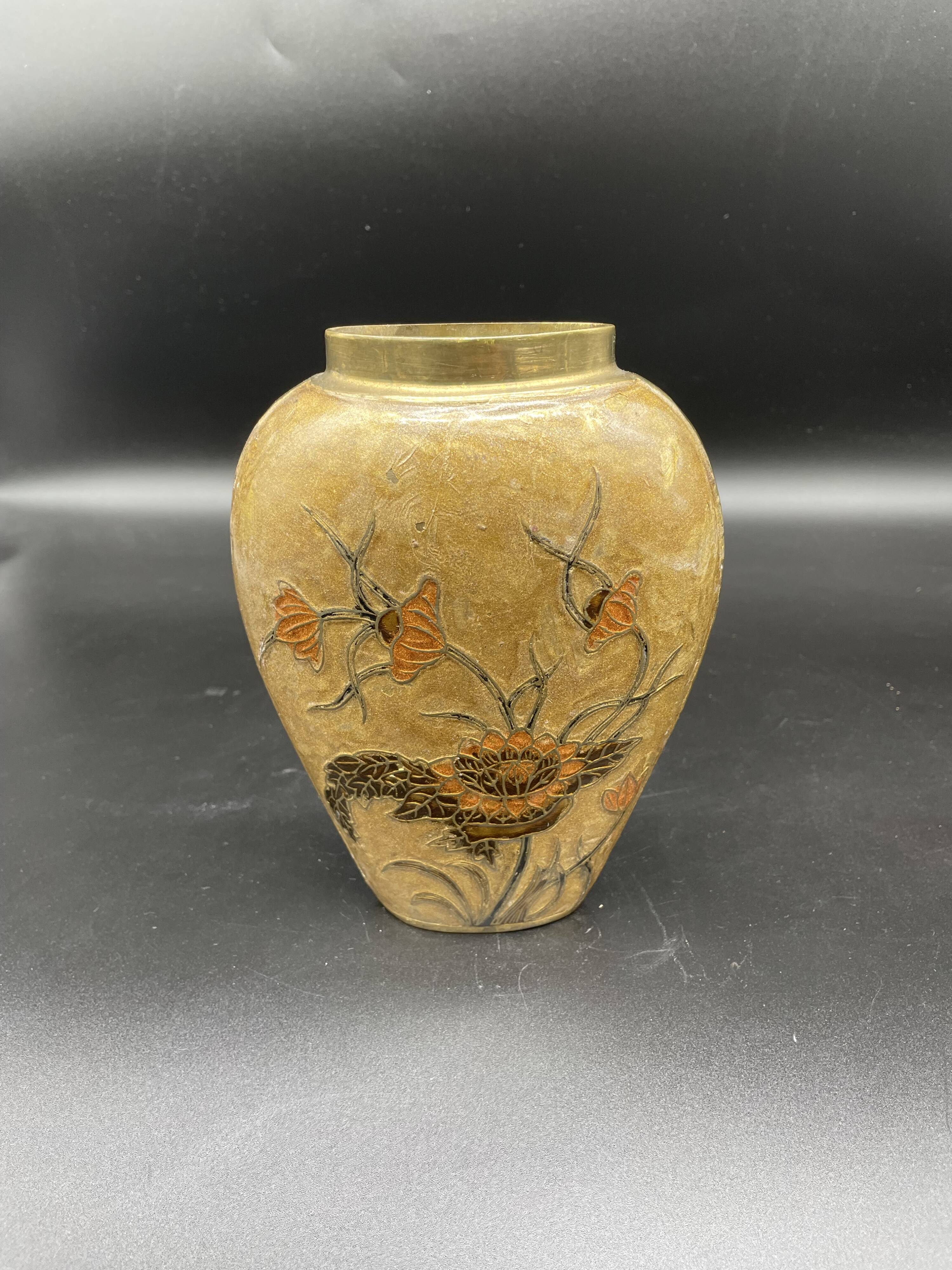 Vase, oblong shape, solid brass, bronze color, cloisonné enamel, floral decoration, flower, orange