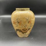 Vase, oblong shape, solid brass, bronze color, cloisonné enamel, floral decoration, flower, orange