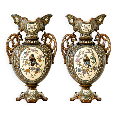 Paire de vases balustres en majolique de 1885 signés Gerbing & Stephan