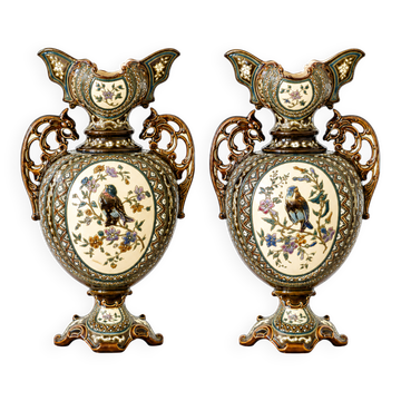 Pair of baluster vases in majolica from 1885 signed Gerbing & Stephan