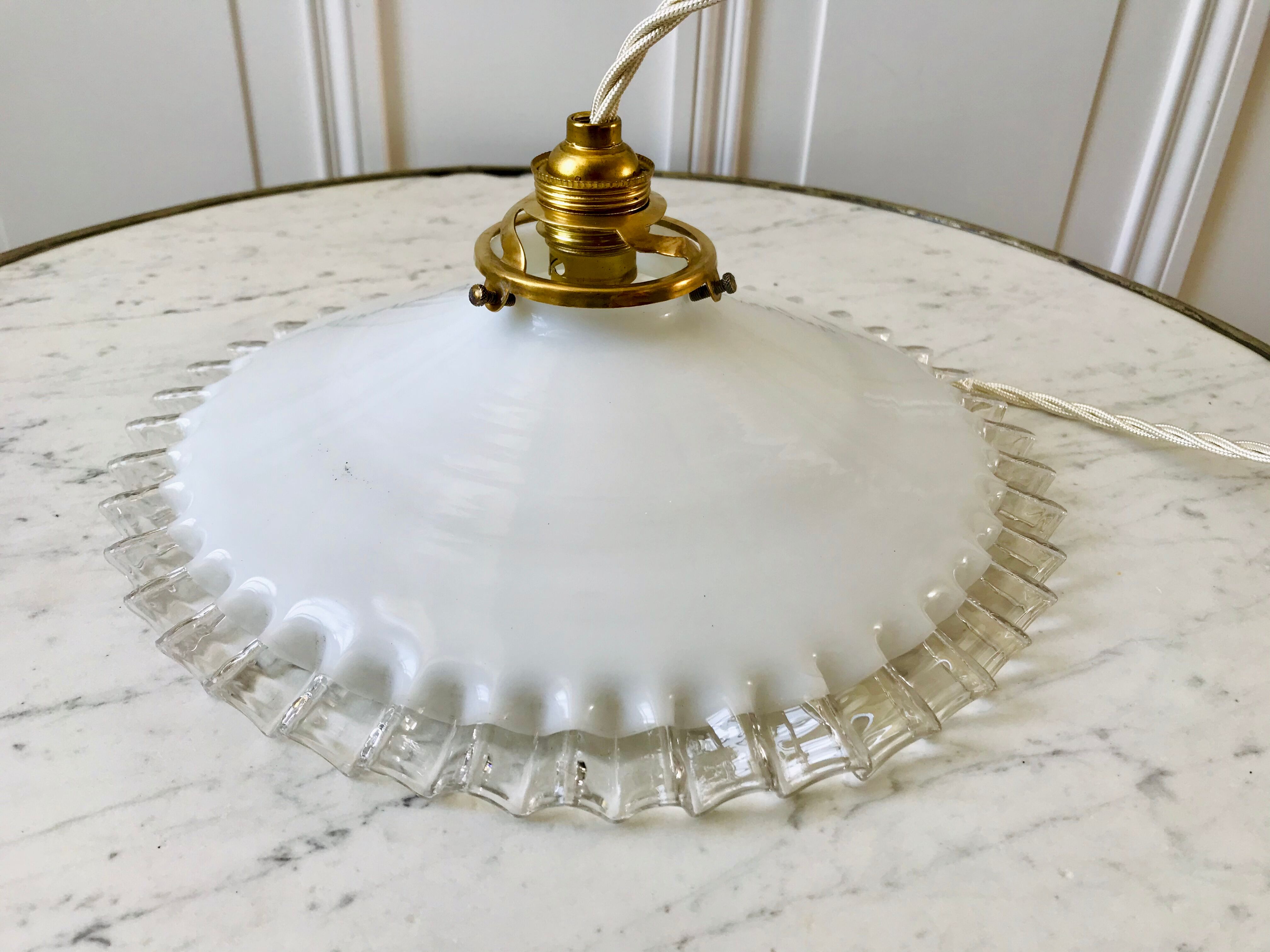 Vintage 50s serrated opaline pendant lamp