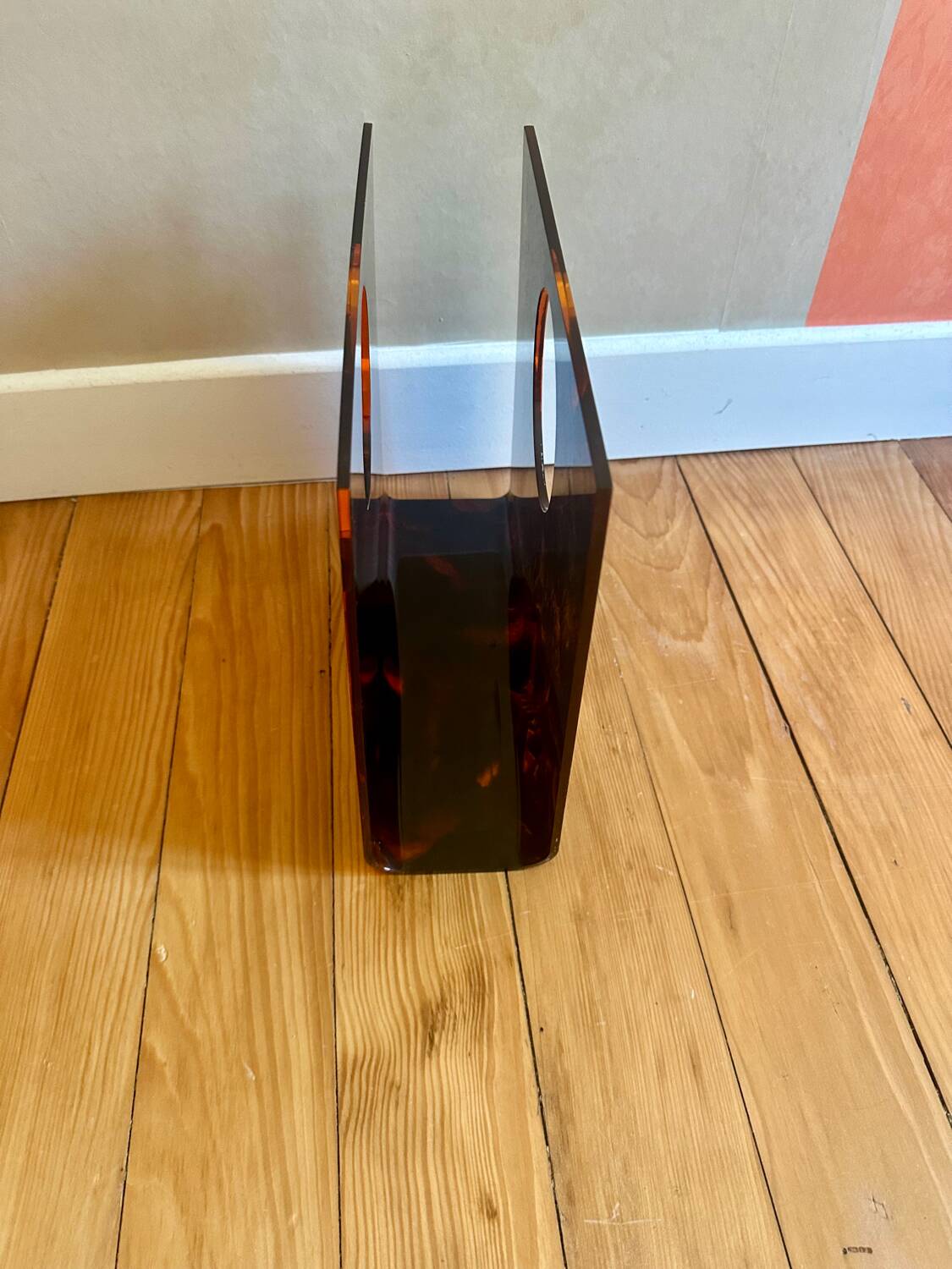 Vintage 70's lucite plexi tortoiseshell magazine rack